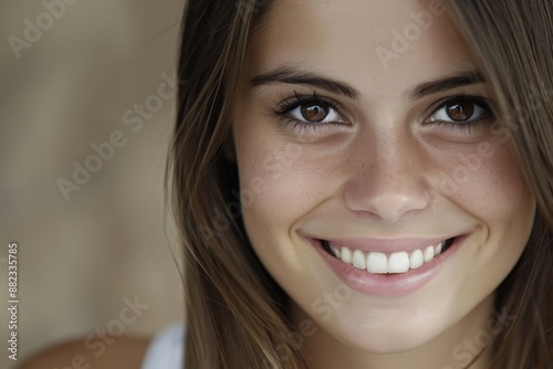 Portrait of a Young Woman with Natural Beauty Genuine Smile Perfect for Conveying Authenticity and Warmth Wallpaper Digital Art Poster Brainstorming Map Magazine Background Cover