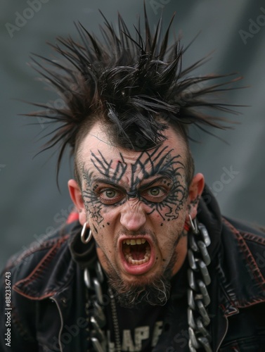 Angry punk with a mohawk. Portrait of a punk man with piercings and tattoos. © Vladimir