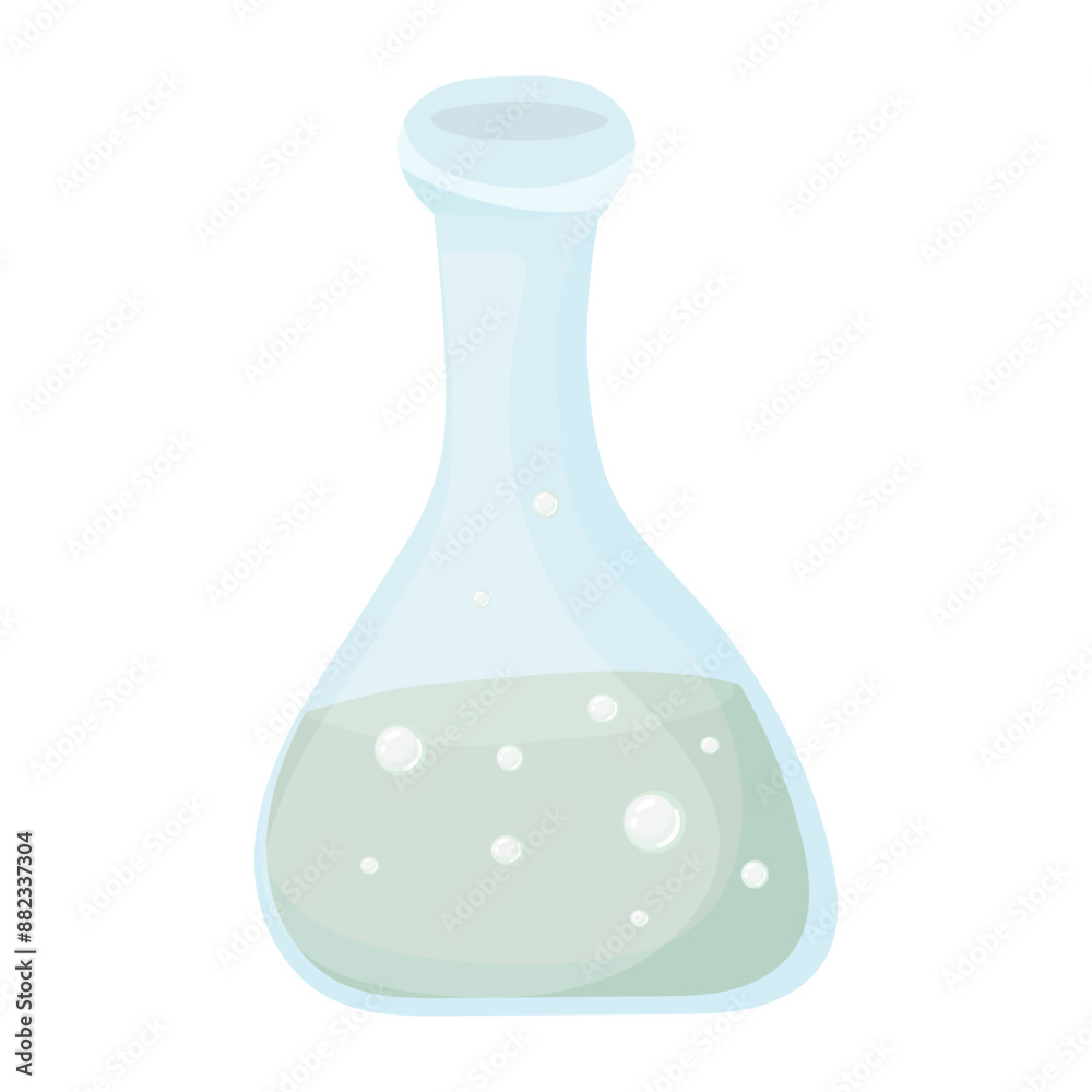Vector Erlenmeyer flask, laboratory science bottle, cute cartoon illustration, blue spell with floating bubble, good for science graphic resource, child friendly and research isolated on white