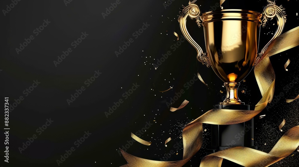 Gold trophy with ornate handles and golden ribbon on black background, celebration and achievement concept Gold trophy with ornate handles and golden ribbon on black background, celebration and achievement concept