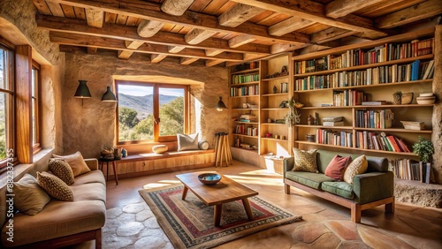 Cozy living room in a sustainable mud house features a built-in library with wooden shelves surrounded by natural stone walls and earthy-toned flooring. © Adisorn