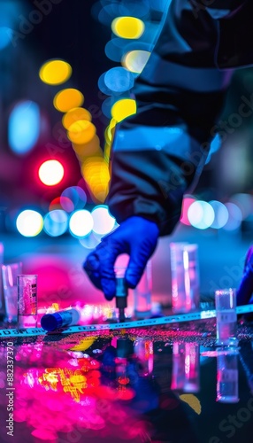 Forensic Investigator Collecting DNA Samples at Crime Scene with Evidence Markers and Police Tape
