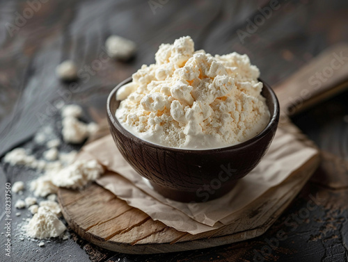 Close Up of Fresh Cottage Cheese in a Brown Bowl on a Wooden Cutting Board