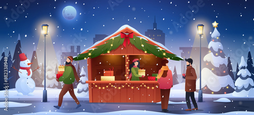 Christmas market. Vector illustration of winter snowy park with lantern, festival stand and wooden kiosk with people, snowman, christmas pine tree, walkway, skyline. Natural landscape. Winter holiday