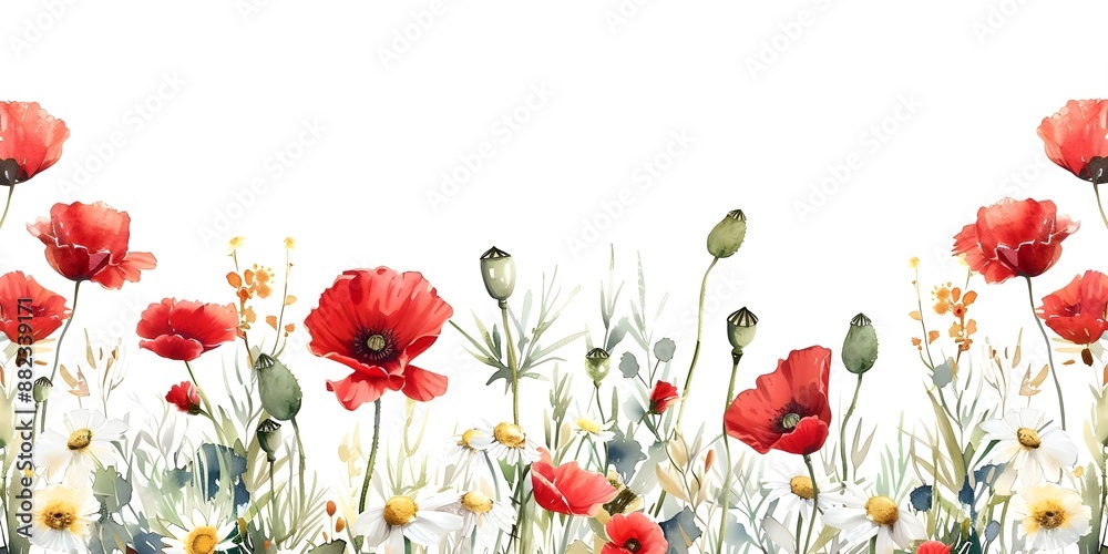 Watercolor wildflower meadow pattern with red poppies and daisies on white. Concept Floral Pattern, Watercolor Painting, Wildflowers, Red Poppies, Daisies Watercolor wildflower meadow pattern with red poppies and daisies on white. Concept Floral Pattern, Watercolor Painting, Wildflowers, Red Poppies, Daisies