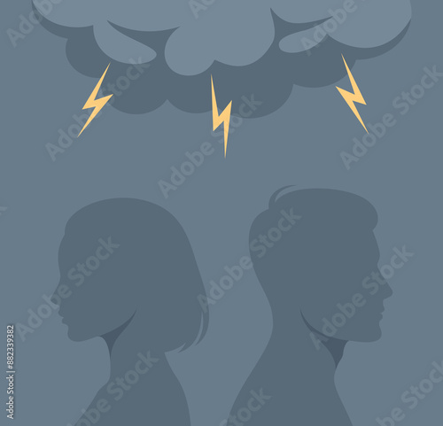 A man and a woman standing with their backs to each other with a storm cloud and lightning above them. Flat vector illustration
