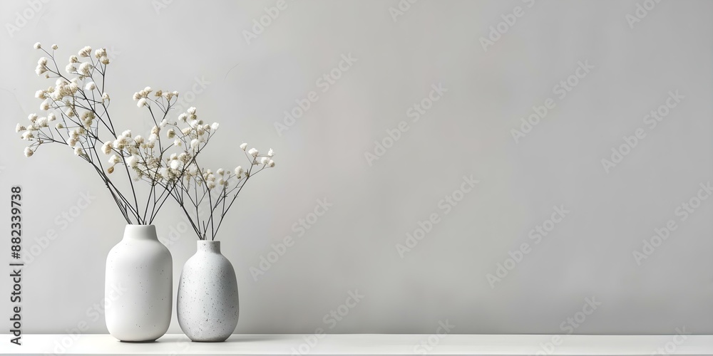 Minimalist interior two vases on console against neutral wall backdrop. Concept Interior Design, Minimalist Decor, Vases, Console, Neutral Wall Minimalist interior two vases on console against neutral wall backdrop. Concept Interior Design, Minimalist Decor, Vases, Console, Neutral Wall
