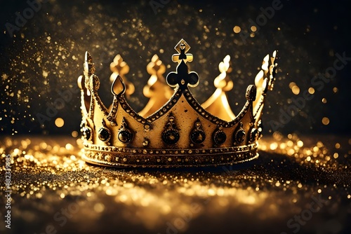 low key image of beautiful queenking crown over gold glitter table. vintage filtered. fantasy medieval period photo