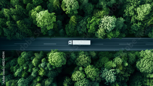 A white truck is driving down a road surrounded by trees. The road is narrow and winding, and the trees are tall and dense. The scene gives off a sense of adventure and exploration