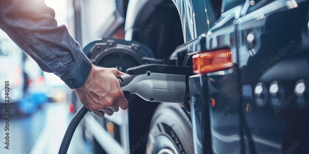 Person charges electric car at modern charging station. Man inserts orange charger into truck battery. Car parked on gray surface with black bumper. Other cars visible through window in background. Person charges electric car at modern charging station. Man inserts orange charger into truck battery. Car parked on gray surface with black bumper. Other cars visible through window in background.