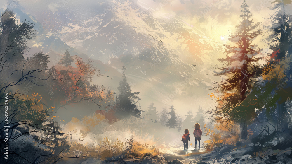 Obraz premium A painting of a forest with two people walking on a path