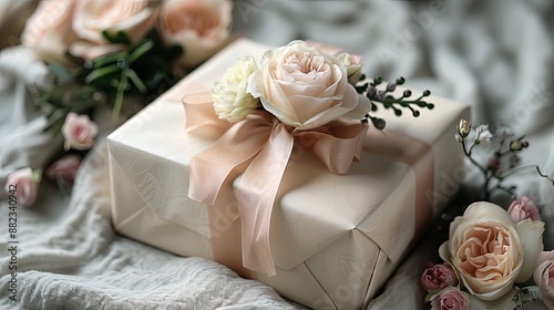 Elegant gift wrapped in creamy paper with a pink ribbon, adorned with a delicate rose on a soft background.