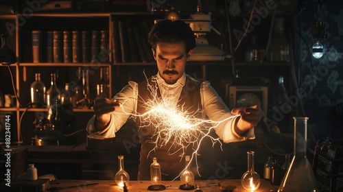 A scientist in the laboratory conducts experiments with electricity photo