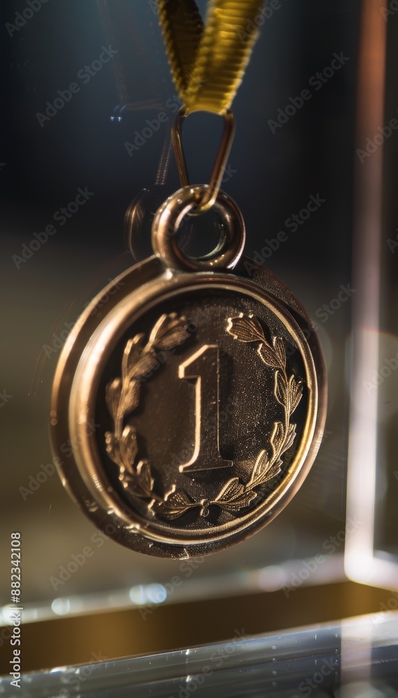 First Place Gold Medal on Display with Engraved Number One and Laurel Wreath – Perfect for Award Themes First Place Gold Medal on Display with Engraved Number One and Laurel Wreath – Perfect for Award Themes