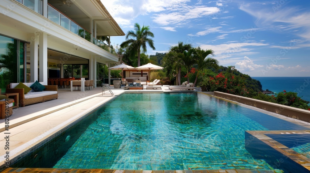 Fototapeta premium big pool and luxury villa in the afternoon 