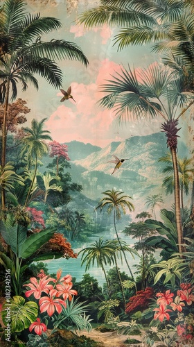 Pastel Jungle Landscape Lively Hummingbirds and Graceful Servals Amid Enchanting Palm Trees and Serene Mountains. © Nika