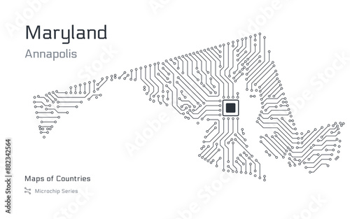 Maryland Map with a capital of Annapolis Shown in a Microchip Pattern. Silicon valley, E-government. United States vector maps. Microchip Series	
