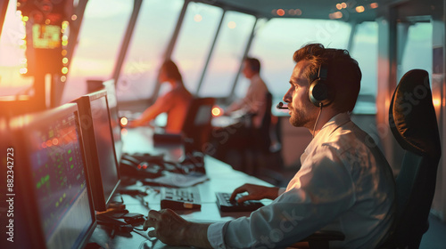 Male air traffic controller monitoring flights at sunset.