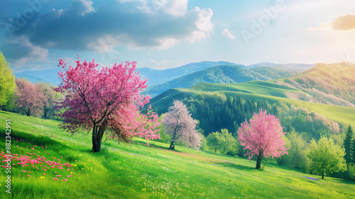 Árvores com flores coloridas vibrantes e colinas suaves criam um cenário de paisagem rural rústica, serena, pacífica, idílica e primaveril