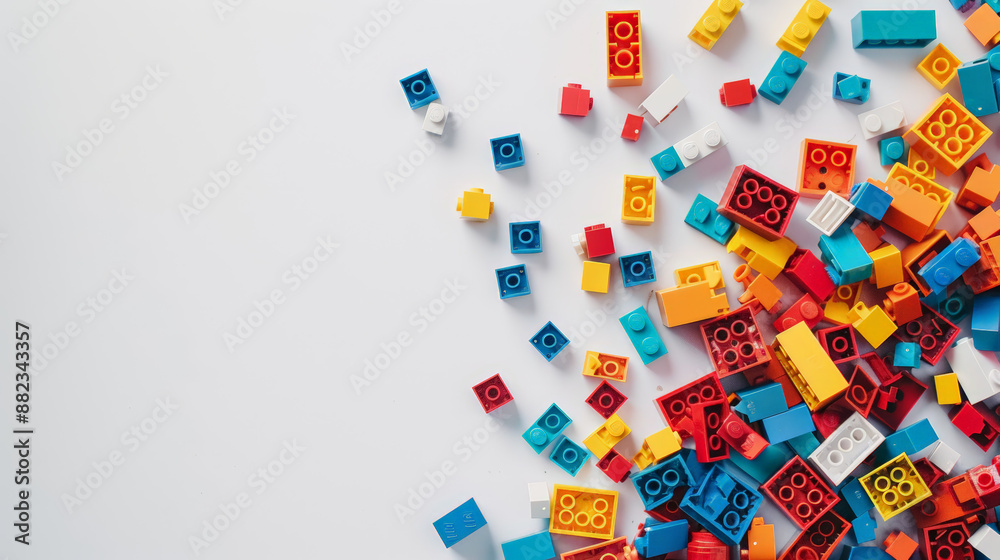 colorful toy building bricks on white background, with copy space colorful toy building bricks on white background, with copy space