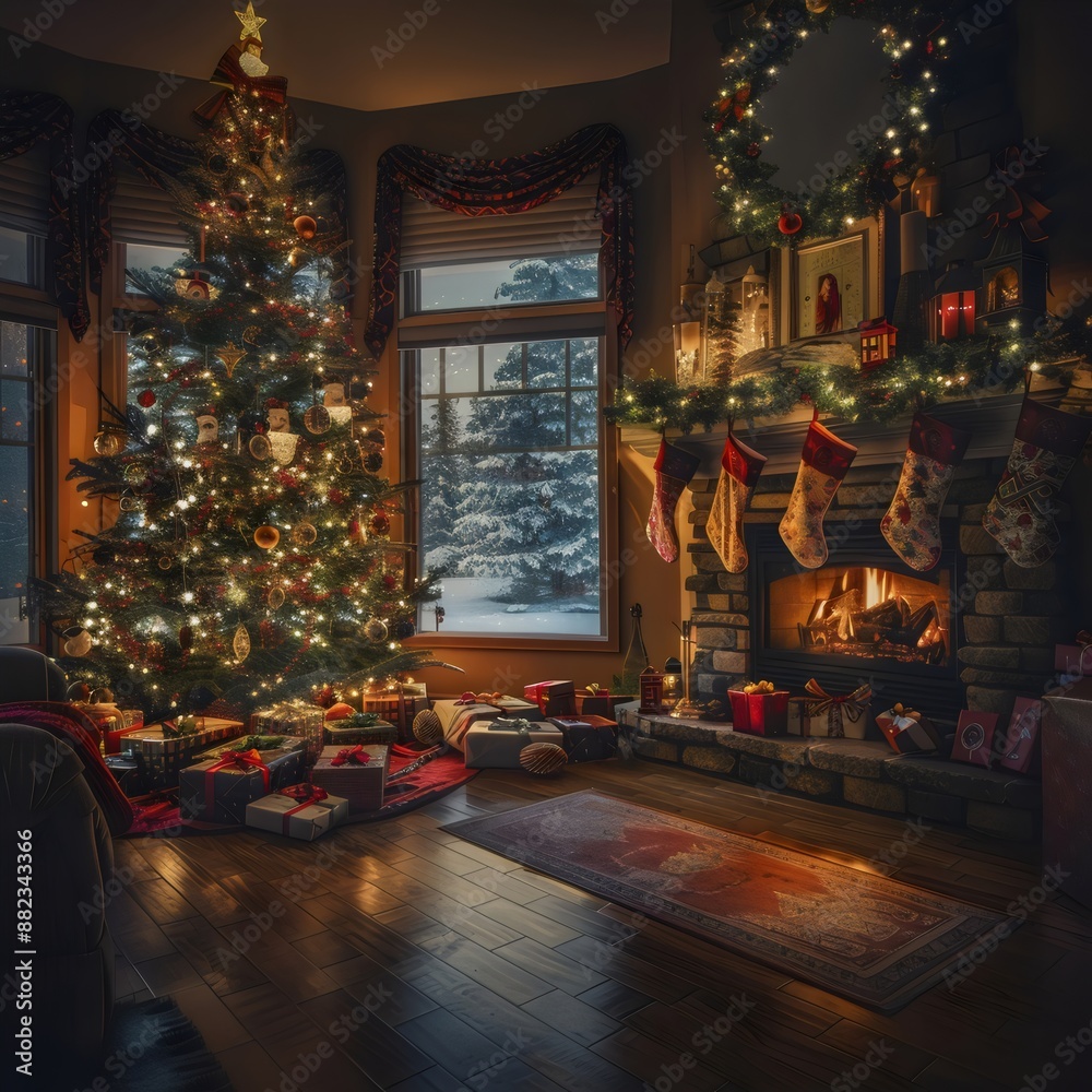 A warm, festive living room with a beautifully decorated Christmas tree, lit fireplace, stockings, presents, and a snowy view outside the window. A warm, festive living room with a beautifully decorated Christmas tree, lit fireplace, stockings, presents, and a snowy view outside the window.