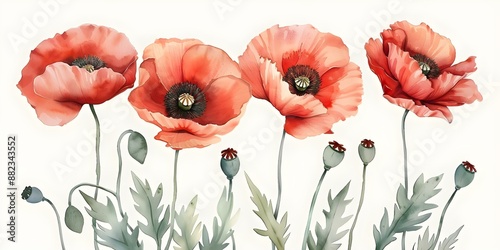 Watercolor red poppies set for interior decoration textiles invitations and cards. Concept Poppy Paintings, Textile Decor, Invitation Design, Card Making