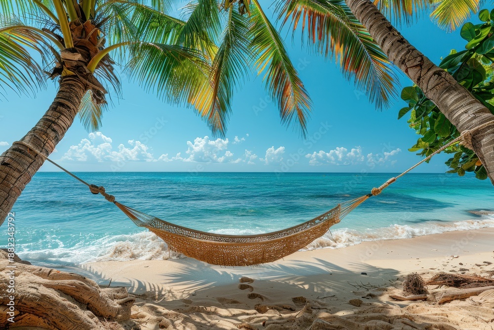 Naklejka premium A tranquil beach hammock tied between two palm trees, overlooking a clear blue ocean and a distant horizon.