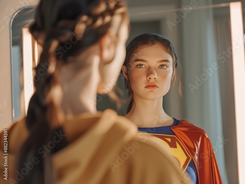 Junge Frau im Superheldenkostüm vor dem Spiegel photo