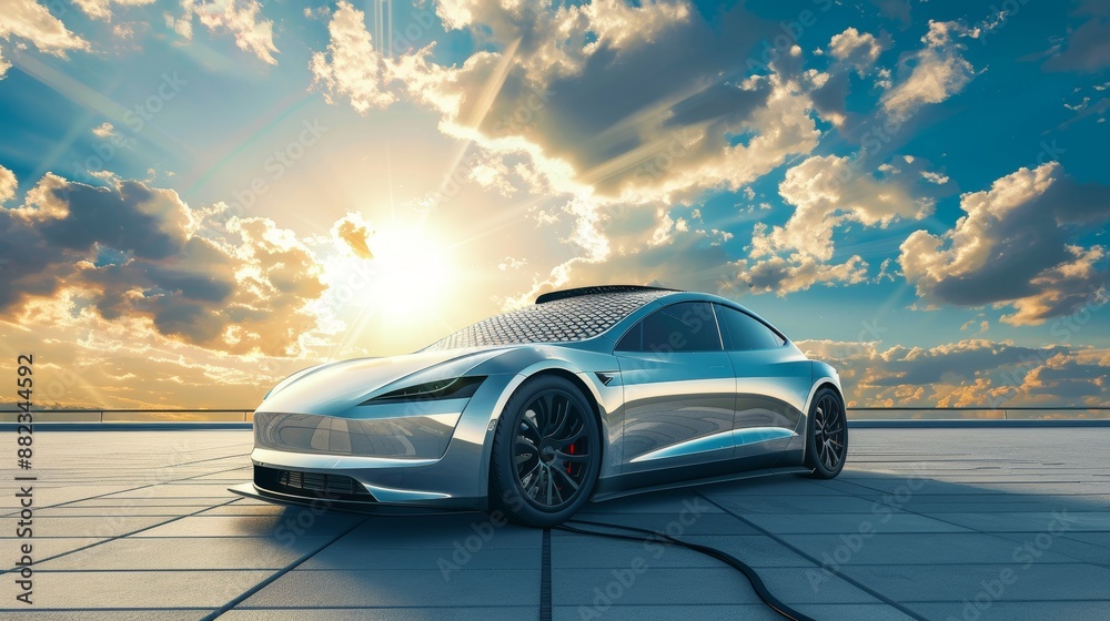 Naklejka premium Sleek Solar-Powered Electric Car Charging by Modern House with Solar Roof at Sunset