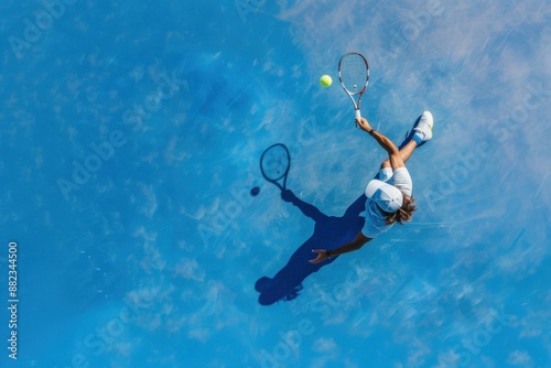 Overhead view of a tennis player serving on a blue court. photo