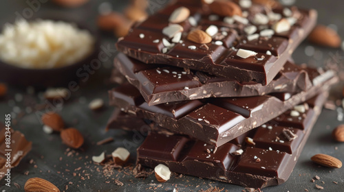 Broken Chocolate Bar: A large chocolate bar is broken into uneven pieces, revealing chunks of almonds embedded within. The rich, dark chocolate contrasts beautifully with the creamy, light brown almon