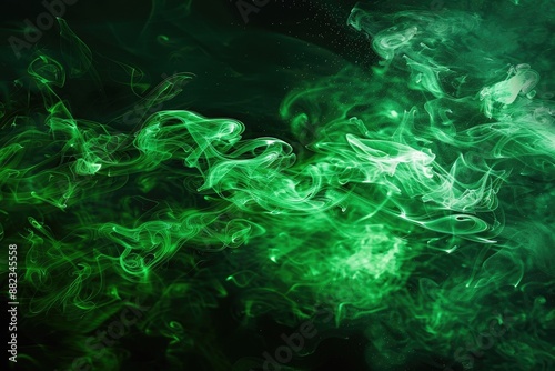 Mesmerizing Image of Green Smoke Swirling Against Black Background Creating Dramatic Ethereal Visual