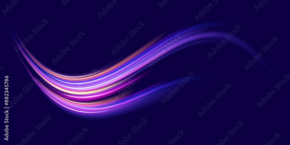 Abstract neon light rays background. A Colorful Motion Background of City Light Trails. Purple glowing wave swirl, impulse cable lines. Long time exposure. Vector Abstract neon light rays background. A Colorful Motion Background of City Light Trails. Purple glowing wave swirl, impulse cable lines. Long time exposure. Vector