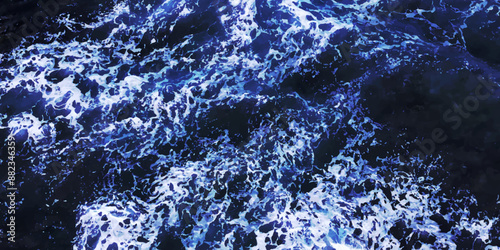 Close-up abstract texture above view of river torrent and clear fresh cold water flowing through mountain rocks in valley with foam and bubbles on sunny day.