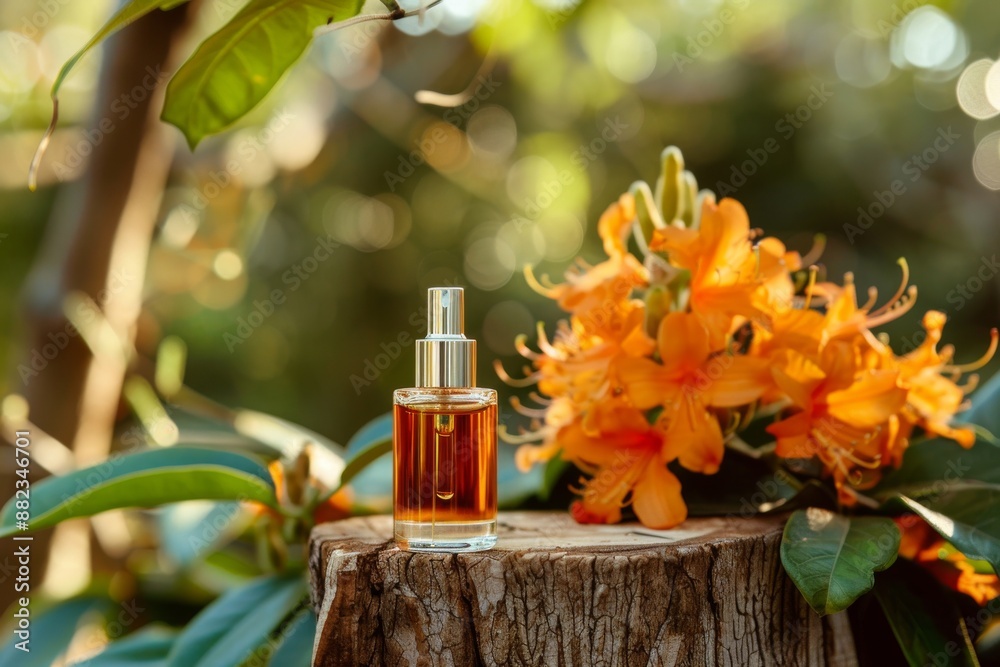 A glass bottle of amber perfume sits on a tree stump surrounded by vibrant orange flowers and green leaves. A glass bottle of amber perfume sits on a tree stump surrounded by vibrant orange flowers and green leaves.