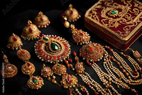 Traditional Jewellery with earring, mangteeka and beautiful box on black background. selective focus.