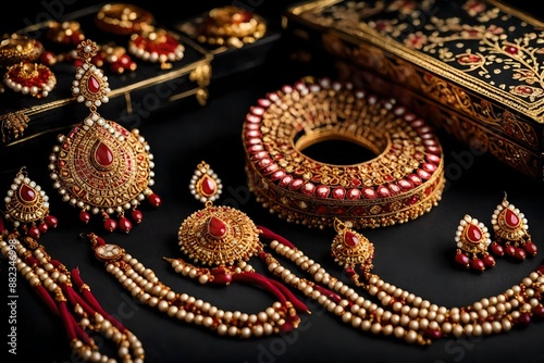 Traditional Jewellery with earring, mangteeka and beautiful box on black background. selective focus.