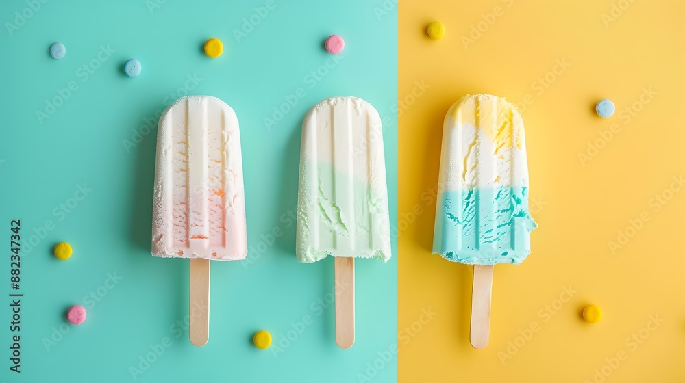 Ice popsicle ice cream on yellow and turquoise background Ice popsicle ice cream on yellow and turquoise background