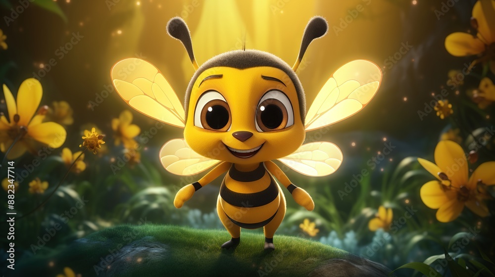 Smiling Cartoon Bee in a Field of Flowers Smiling Cartoon Bee in a Field of Flowers