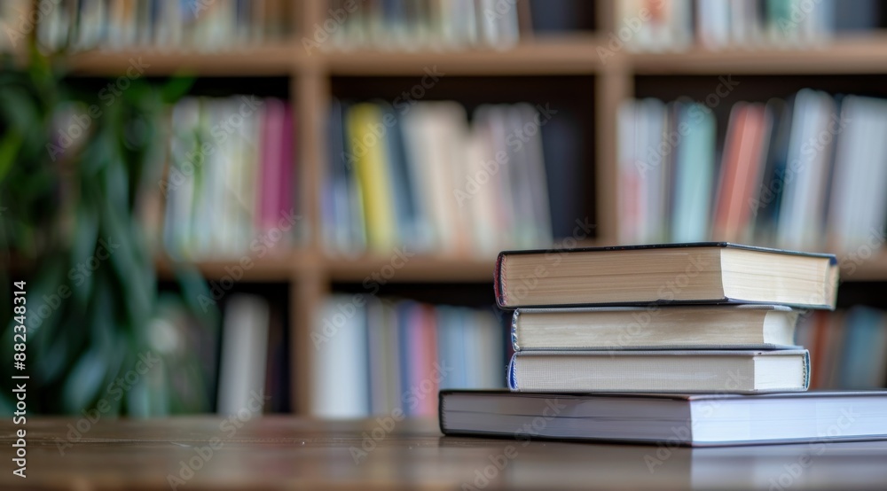 A stack of books on a wooden table in a library setting, with blurred bookshelves in the background and a plant. A stack of books on a wooden table in a library setting, with blurred bookshelves in the background and a plant.