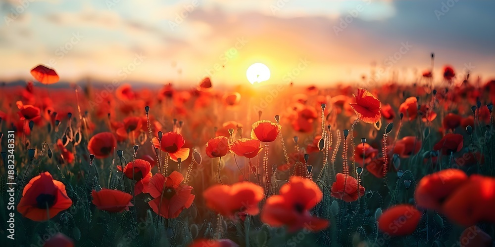 Obraz premium Sunset over a field of red poppies. Concept Landscape Photography, Nature Scenes, Sunset Silhouettes, Flower Fields, Colorful Skies