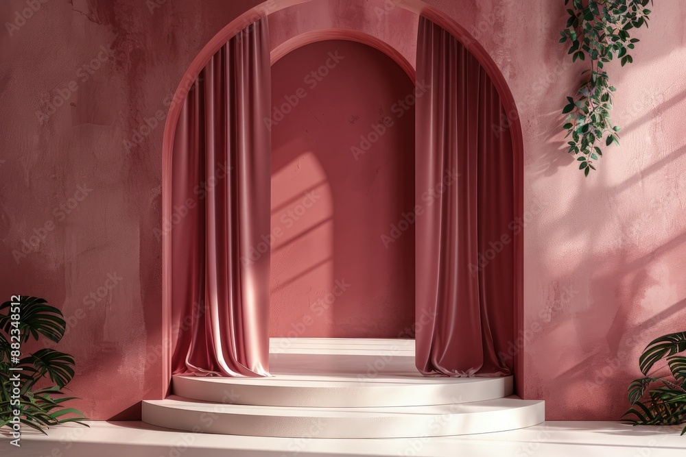 Sophisticated 3D Podium Interior with Pastel Dark Red Background Sophisticated 3D Podium Interior with Pastel Dark Red Background