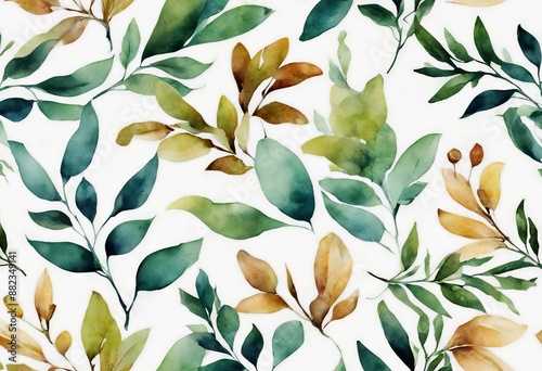 background botanical watercolor pattern blue leaves autumn branches painted hand leaf seamless white