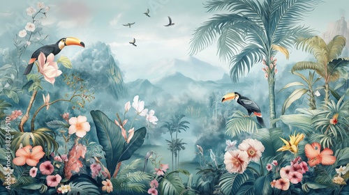 Fototapeta Naklejka Na Ścianę i Meble -  Vintage wallpaper of a lush jungle with bright toucans, playful pandas, and majestic palm trees in pastel shades, showcasing an enchanting rainforest with vibrant flowers and distant peaks. 