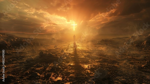 Visualizing Romans 6:23, this artwork contrasts the wages of sin--depicted as a barren, dark landscape--and the free gift of eternal life. photo