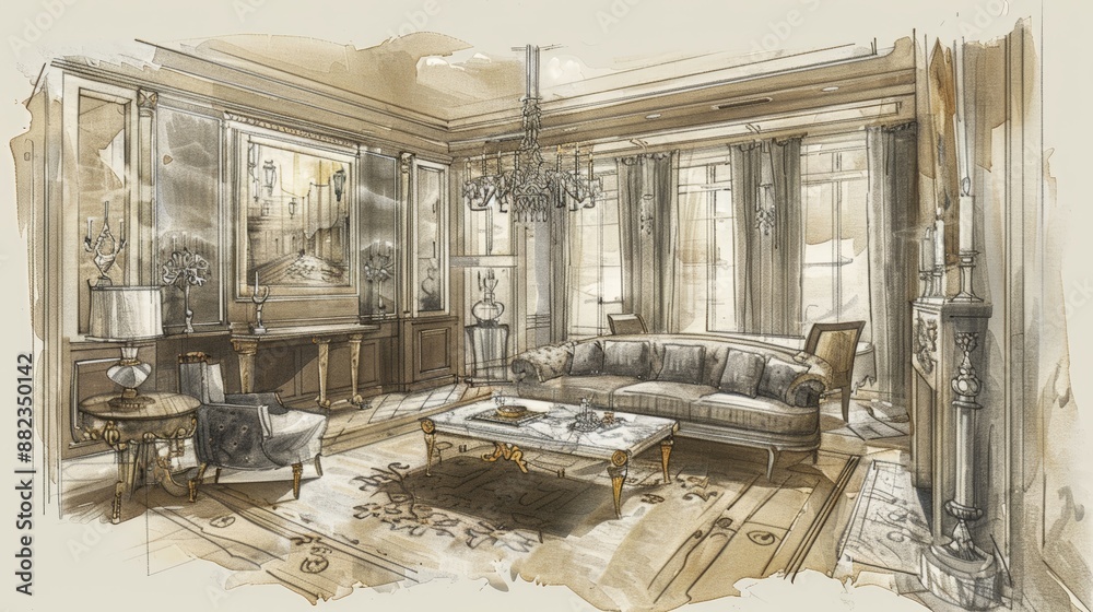 Modern Living Room Interior Sketch with Sofa and Table Design Modern Living Room Interior Sketch with Sofa and Table Design