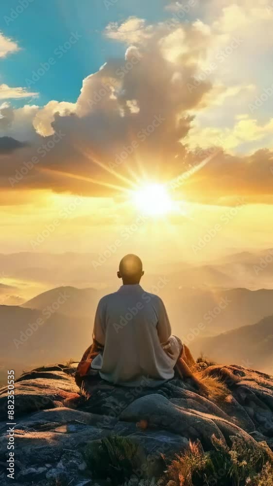 man sitting in meditation on a top of a mountain, observing sunset landscape view, 4k 9x16 vertical new quality stock video footage wallpaper AI man sitting in meditation on a top of a mountain, observing sunset landscape view, 4k 9x16 vertical new quality stock video footage wallpaper AI