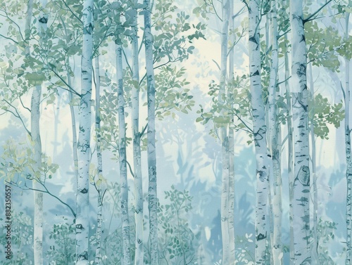 A watercolor painting of a birch forest in a misty, blue light