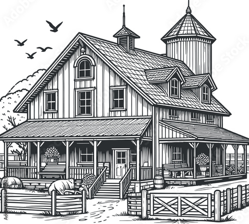 farmhouse line art vector silhouette for coloring book on a white background, farmhouse illustration line art for coloring page