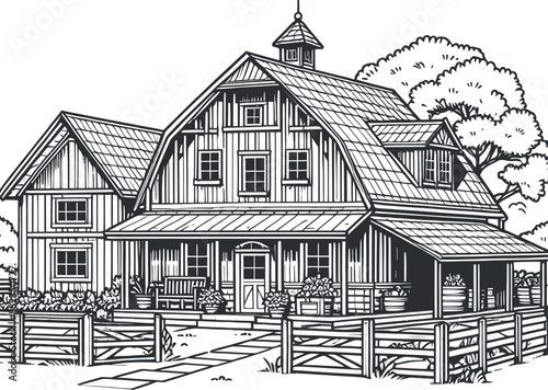farmhouse line art vector silhouette for coloring book on a white background, farmhouse illustration line art for coloring page